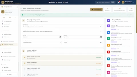 Campaign Configuration - Input form for High ROI Spring Campaign with product selection and 8-agent pipeline workflow